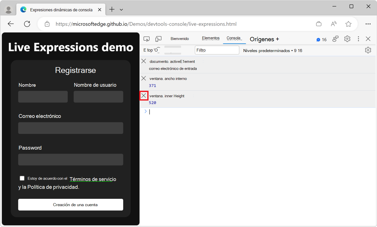 La herramienta Consola, con tres expresiones dinámicas, cada una con un icono de cierre junto a ellas