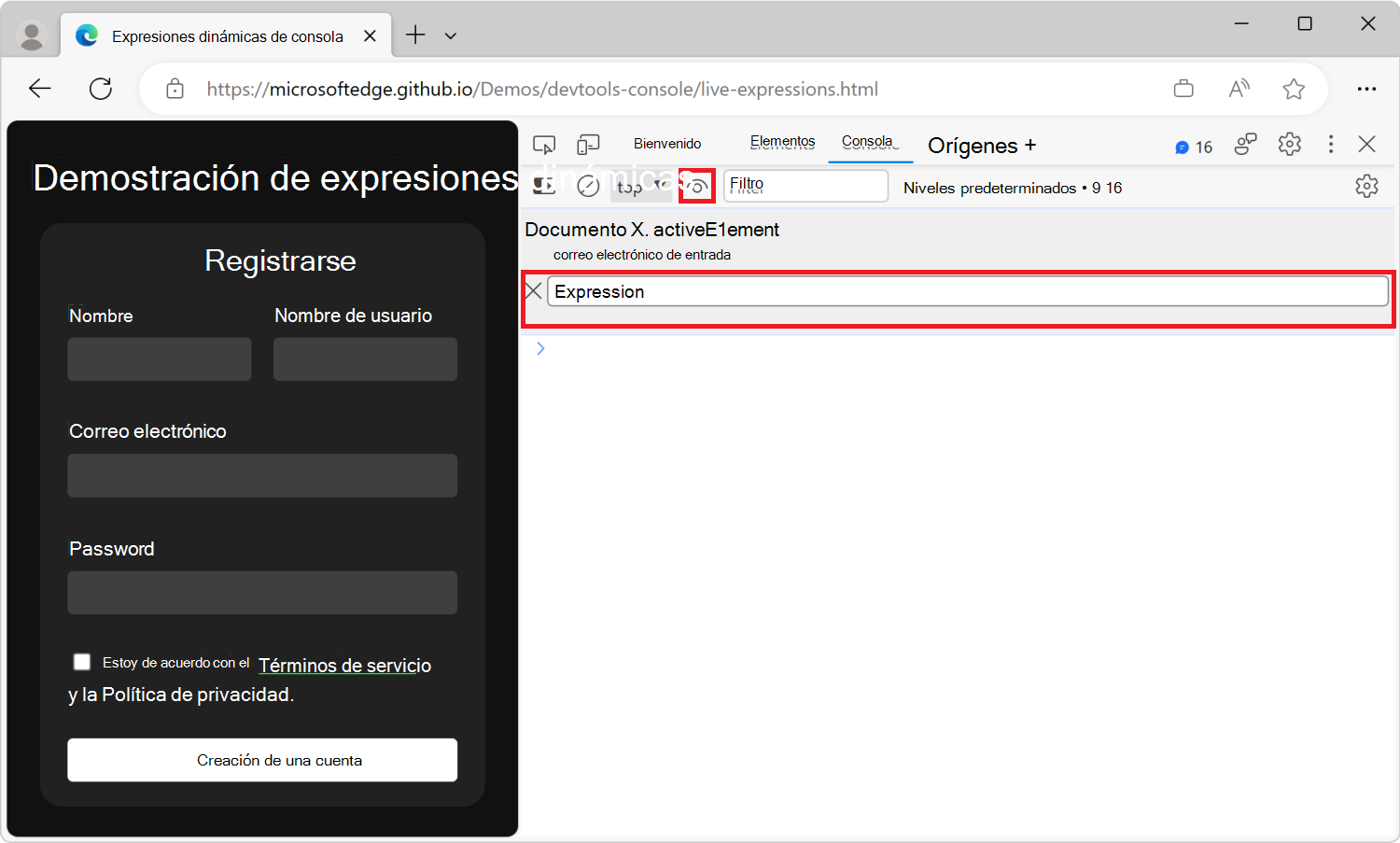 La herramienta Consola de DevTools, con una expresión en directo y un nuevo cuadro de texto de expresión dinámica debajo
