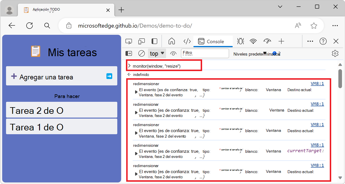 Eventos de cambio de tamaño de ventana de supervisión