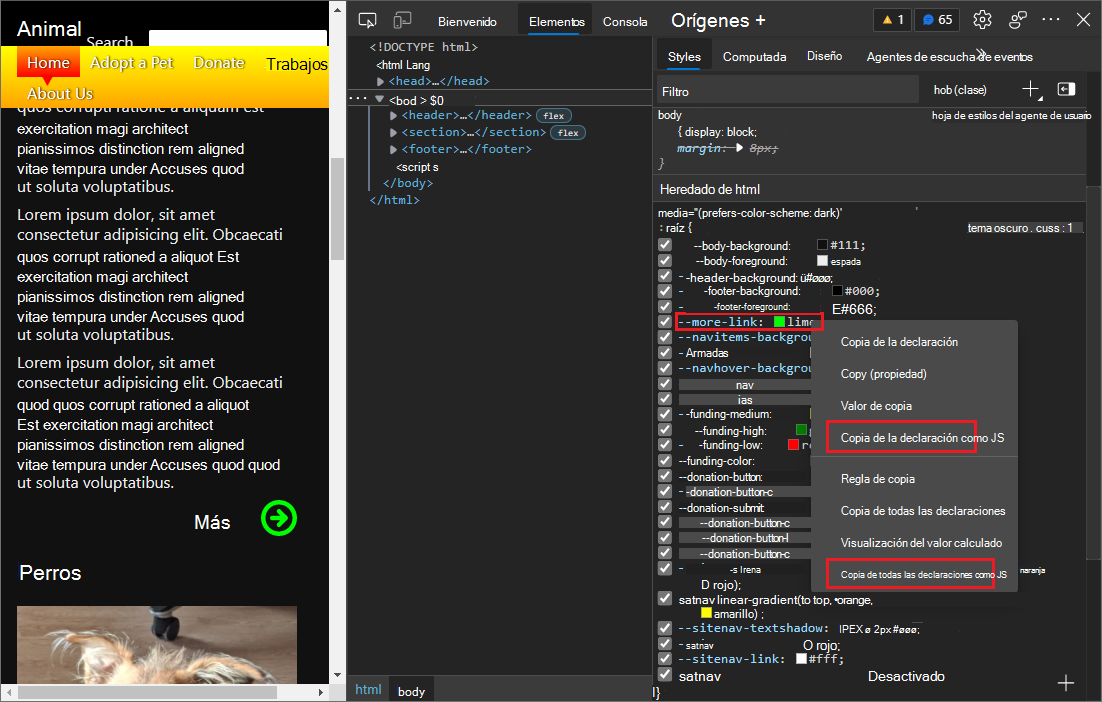 Menú contextual para una regla de estilo, incluidos los comandos 
