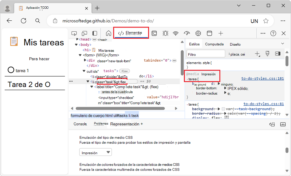 La herramienta Elementos, inspeccionando un elemento de la página que se representa con sus estilos de impresión