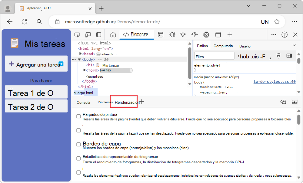 La herramienta Representación, en el panel Vista rápida