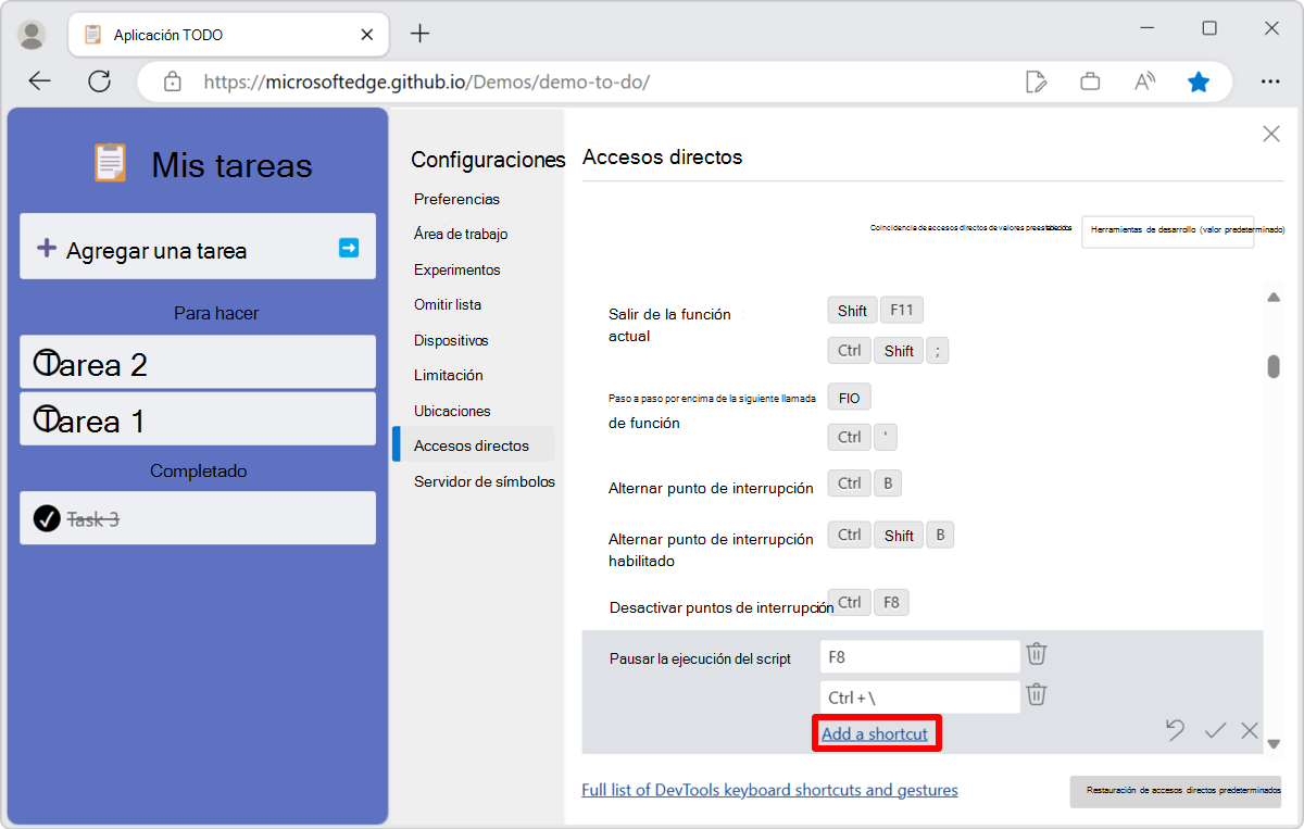 Seleccione las claves que desea asignar a la acción.