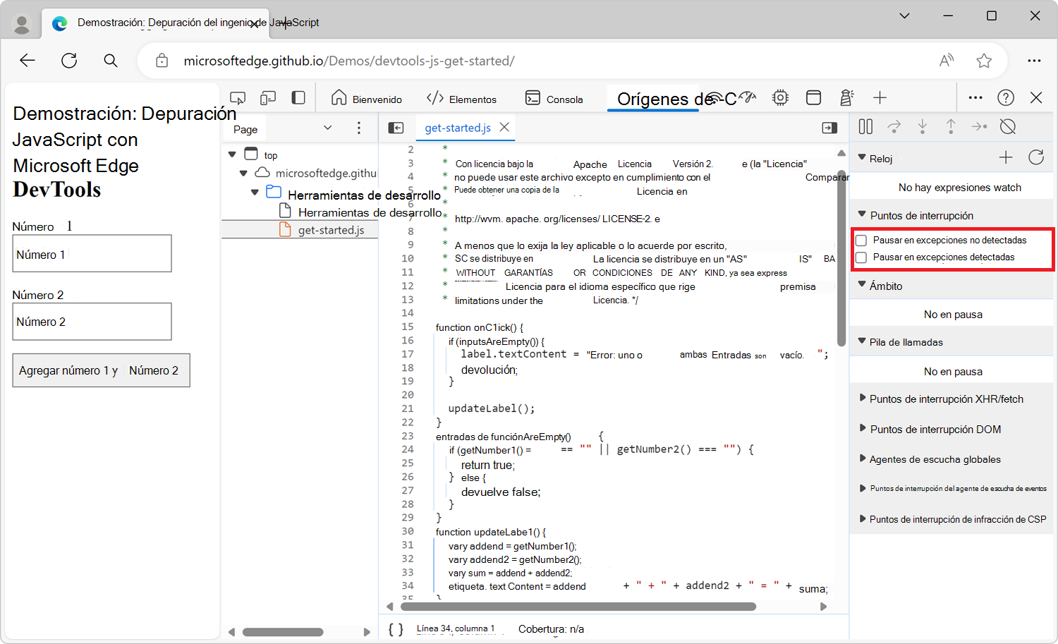 Botón Pausar en excepciones