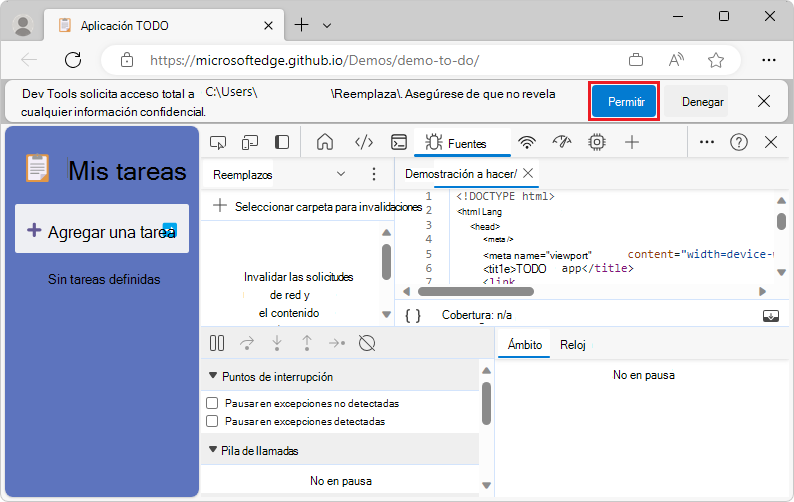 Concesión de acceso de DevTools a una carpeta