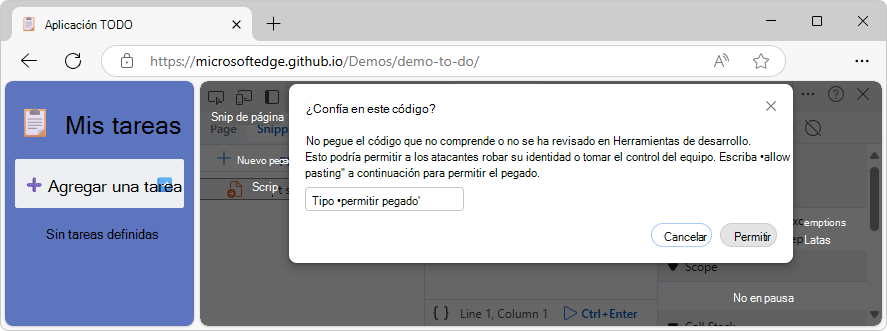 Editor de la pestaña Fragmentos de código de la herramienta Sources que muestra la advertencia auto-XSS