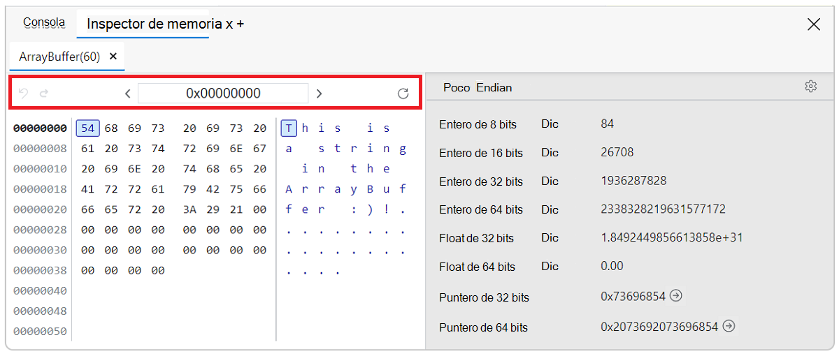Barra de navegación del panel del inspector de memoria