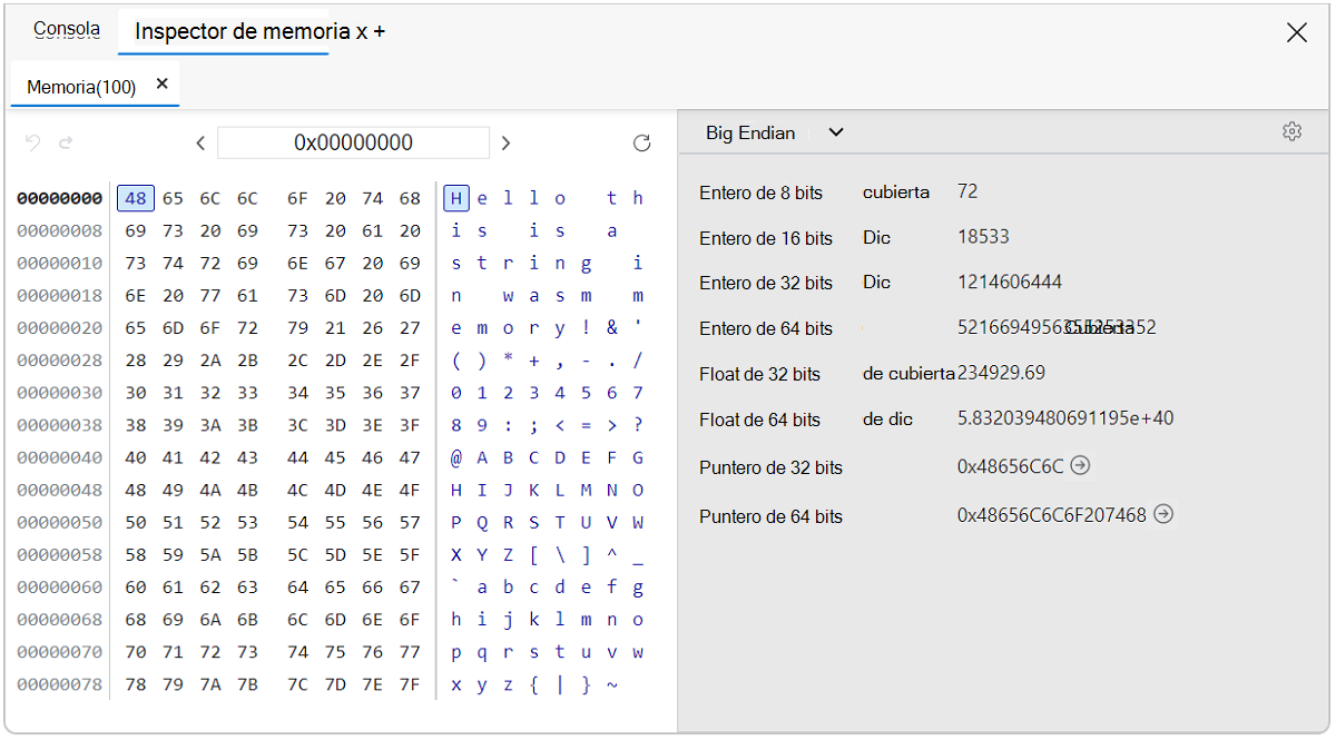 Wasm del panel Inspector de memoria