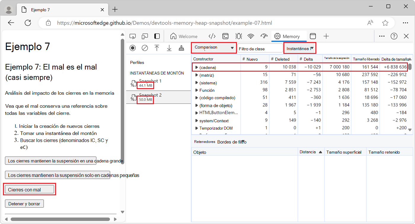 La vista Comparación, que muestra que se crearon nuevas cadenas en la segunda instantánea