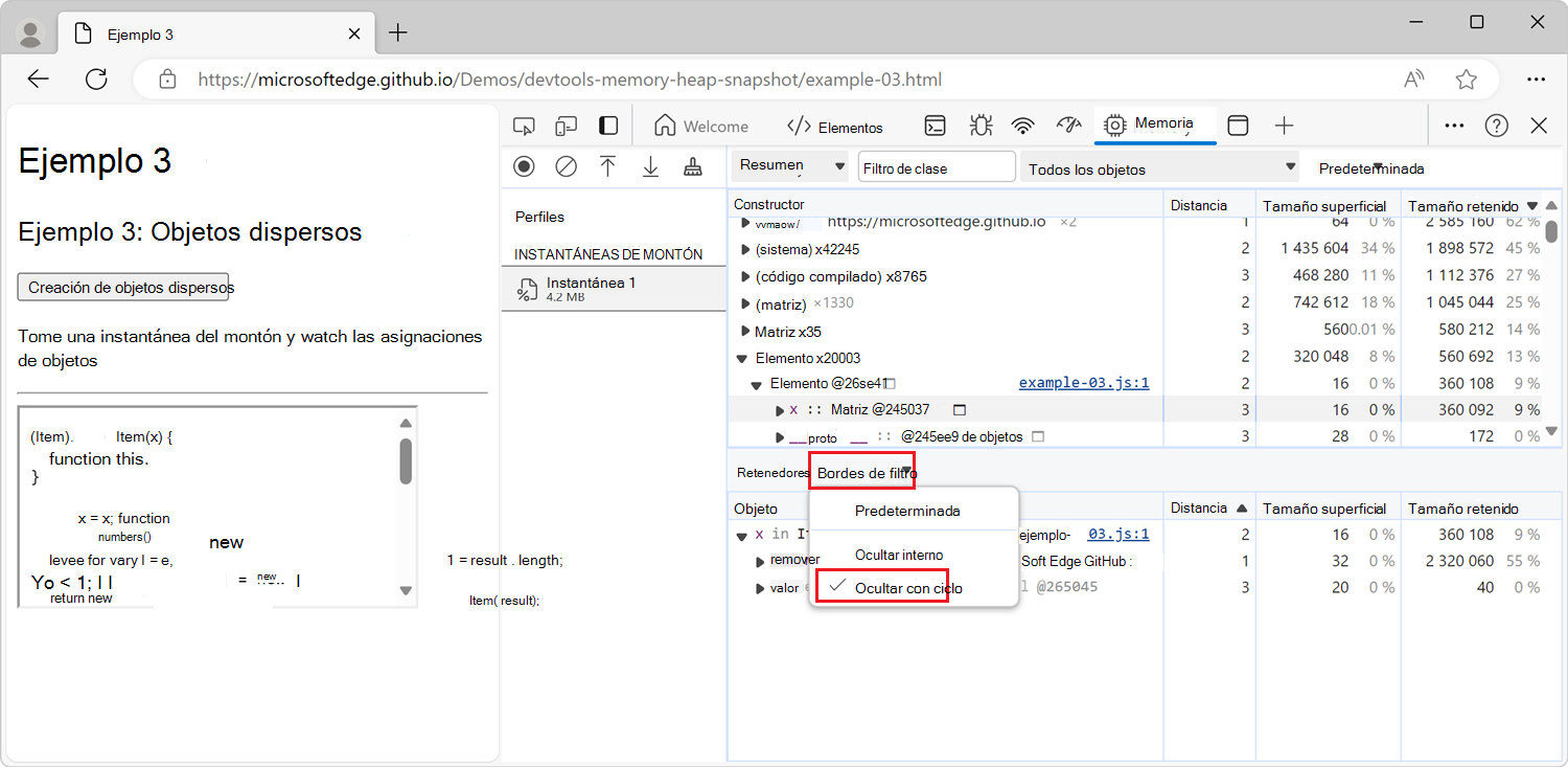 El menú desplegable Filtrar bordes de la sección Retenedores, 