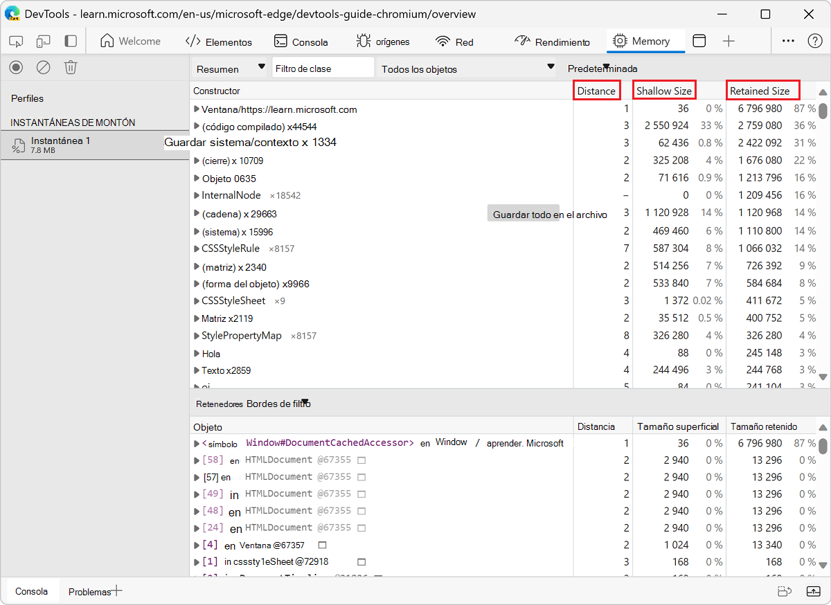 Las columnas Distancia, Tamaño superficial y Tamaño retenido de la herramienta Memoria