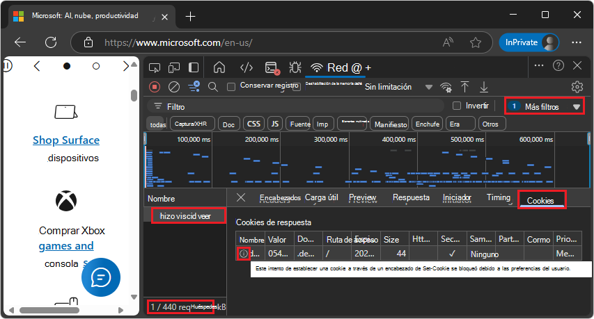 En la tabla Solicitudes solo se muestran las solicitudes con cookies de respuesta bloqueadas.