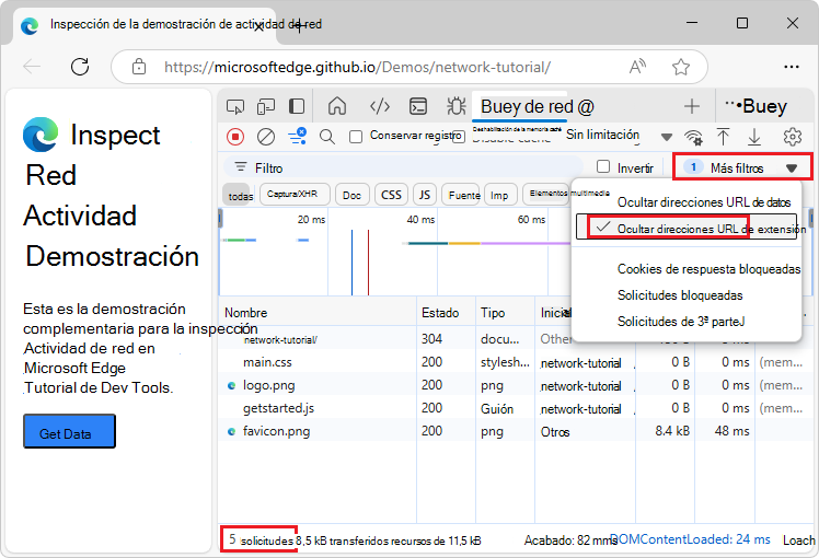Direcciones URL de extensión ocultas en la tabla Requests