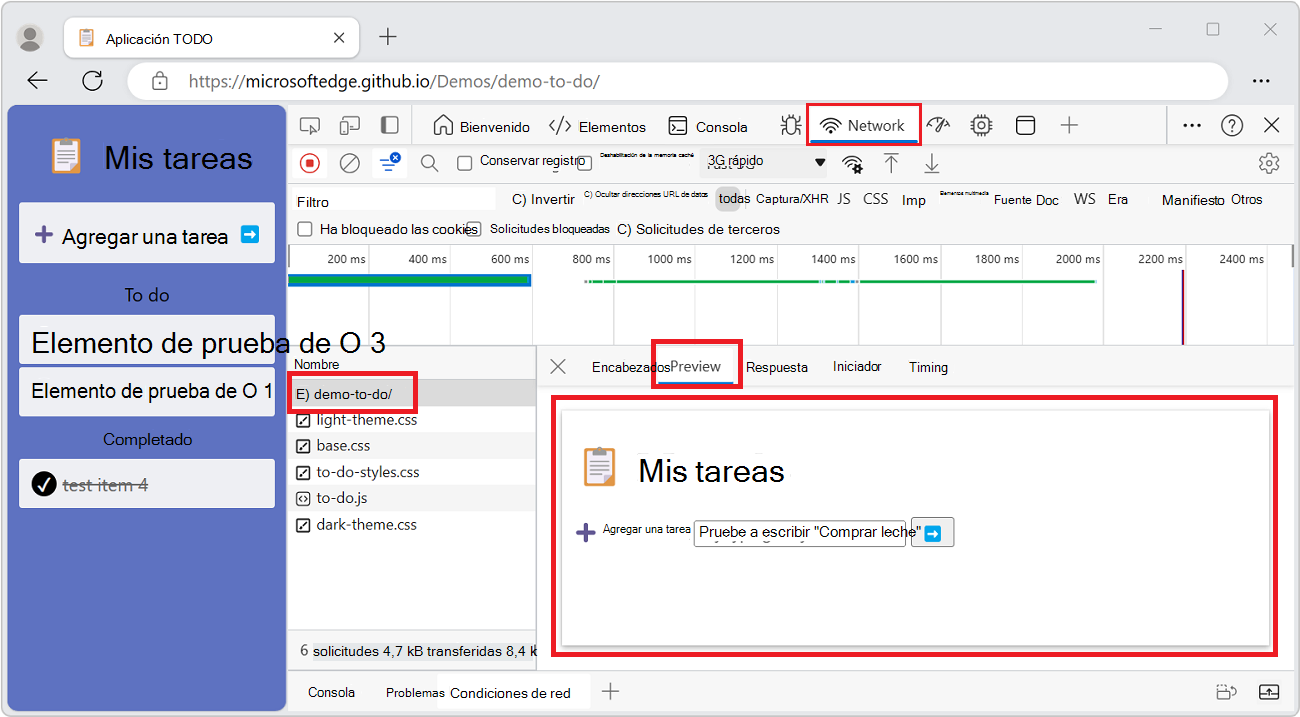 Pestaña Vista previa de la herramienta Red