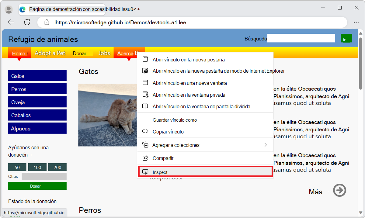 Haga clic con el botón derecho en un vínculo Acerca de nosotros en una página web de demostración y seleccione el comando Inspeccionar.
