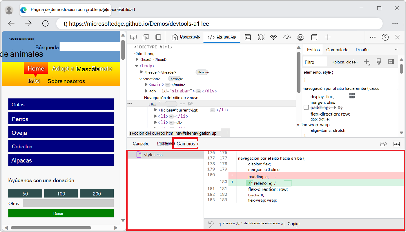 DevTools con la herramienta Cambios abierta en el panel Vista rápida