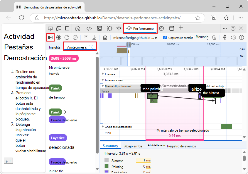 Anotaciones en una grabación de rendimiento