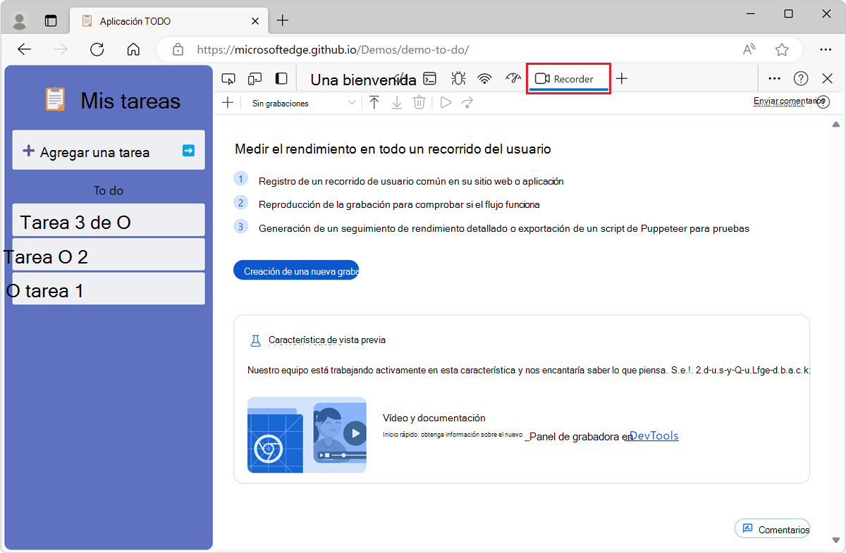 La aplicación TODO de demostración y la herramienta Recorder en DevTools, junto a ella
