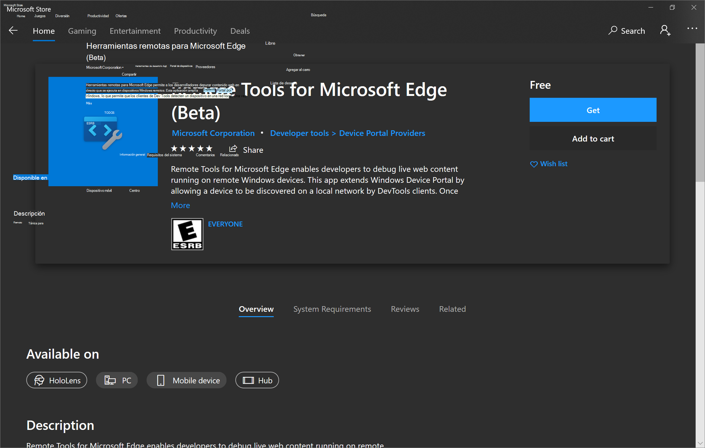 Herramientas remotas para Microsoft Edge en Microsoft Store
