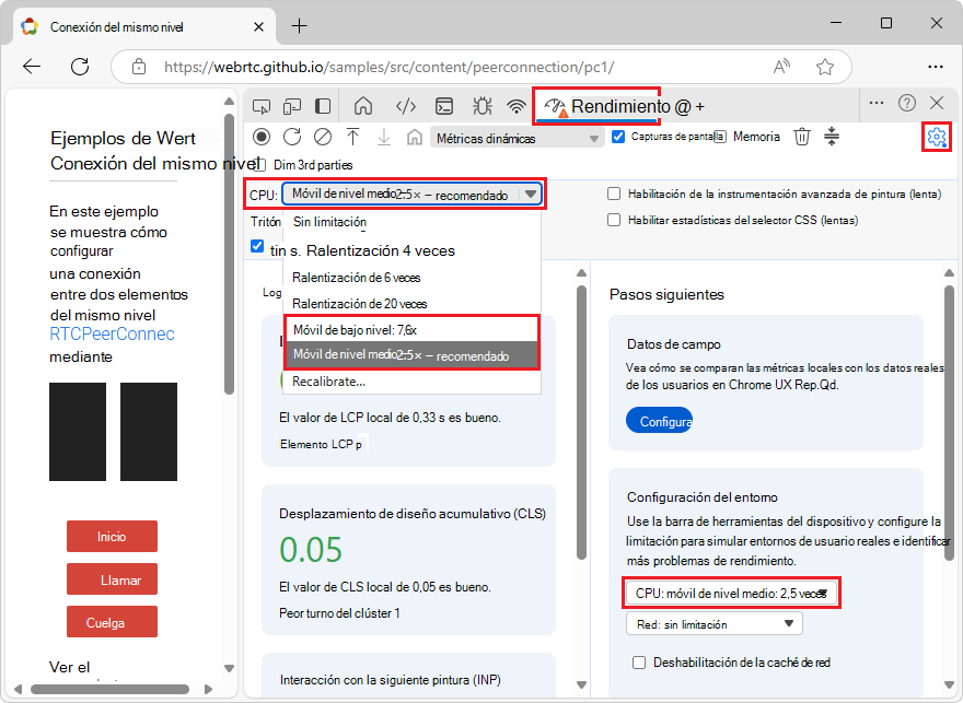 Velocidades calibradas a continuación en los menús desplegables del panel Rendimiento