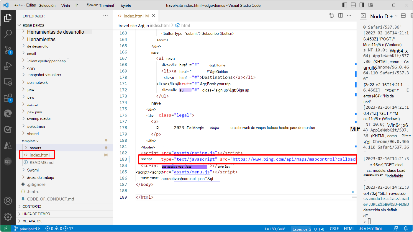 Visual Studio Code, que muestra el código index.html y la etiqueta de script de mapa de Bing