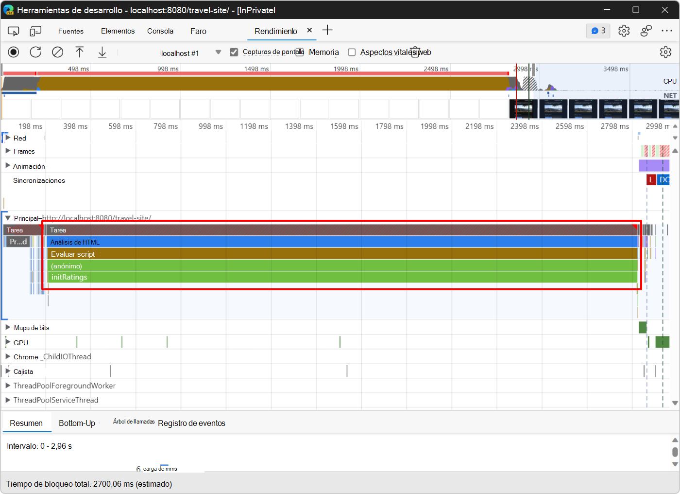 Eventos en la sección Principal de la herramienta Rendimiento