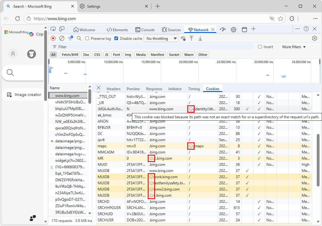 Información sobre herramientas del icono de información en filas de cookies bloqueadas