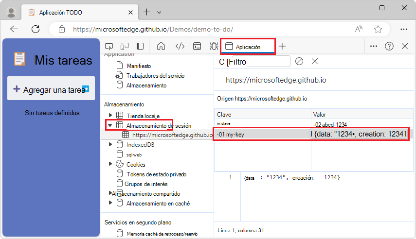 Edición de una clave sessionStorage