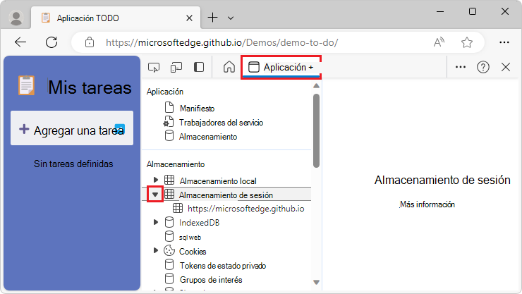 Menú Almacenamiento de sesión