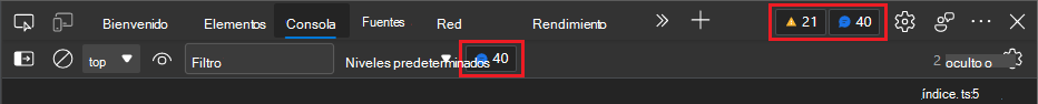 Los errores, advertencias y problemas de la interfaz de usuario en la barra de herramientas y la consola