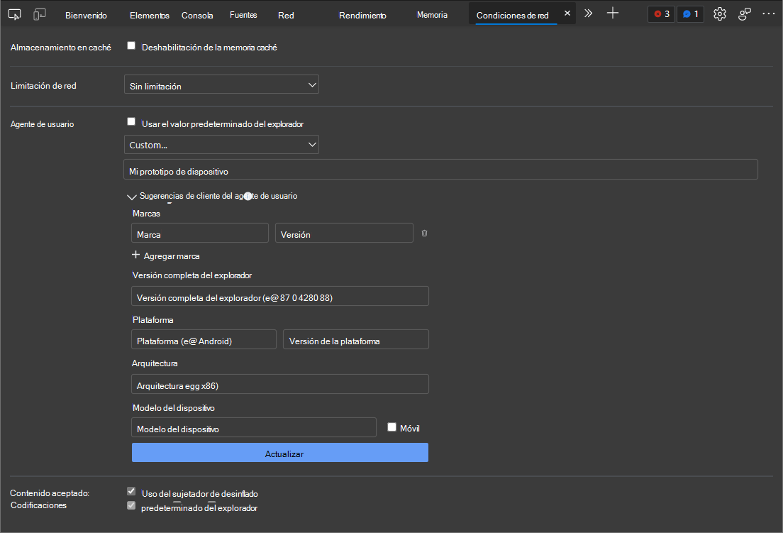 Definición de User-Agent sugerencias de cliente para un dispositivo personalizado en la herramienta Condiciones de red