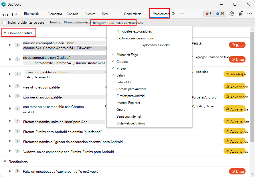 La lista desplegable Exploradores, con 