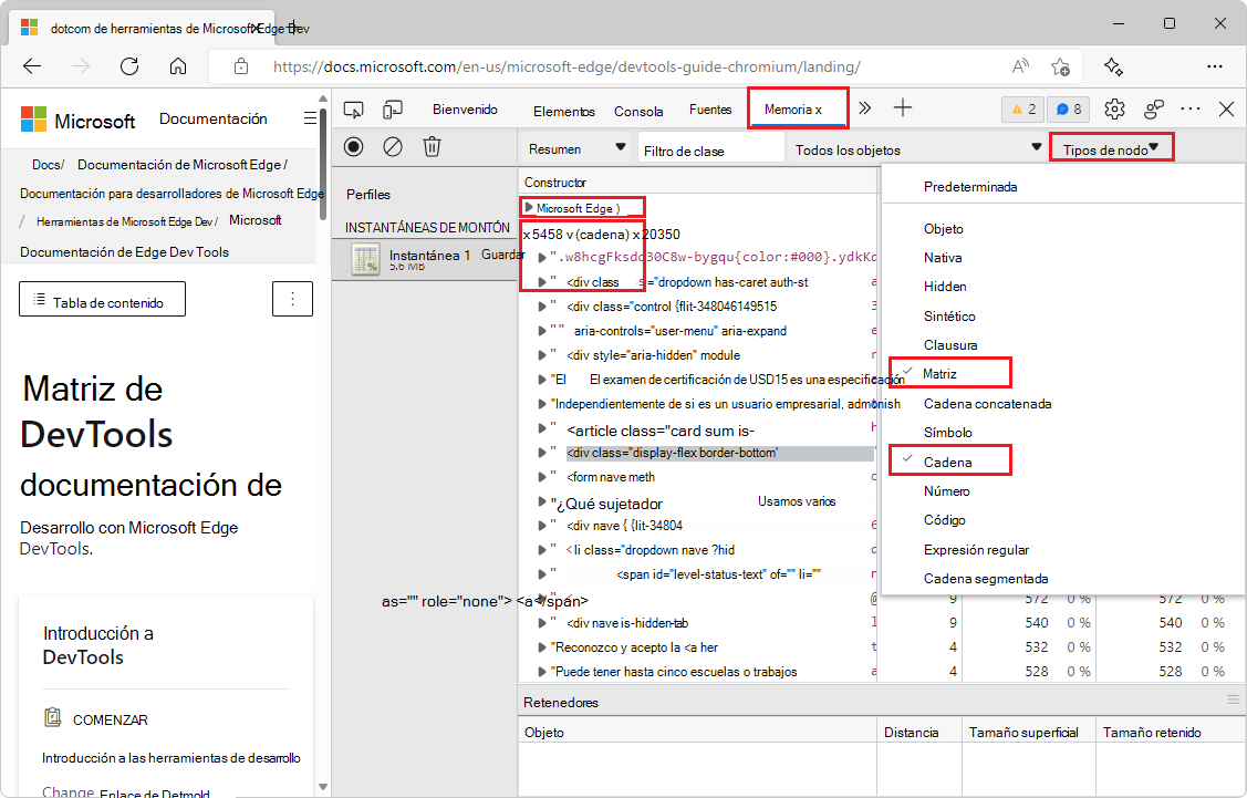 Tipos de nodo en una instantánea de montón en la herramienta Memoria