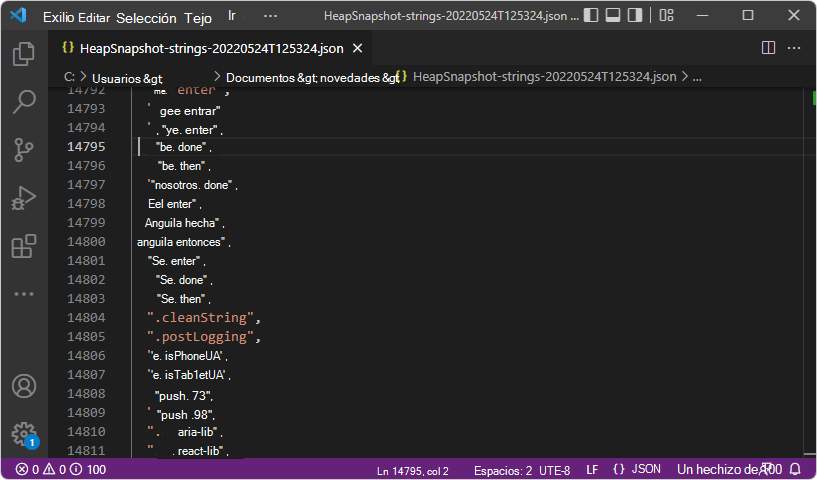 Cadenas de la instantánea del montón, en el archivo JSON