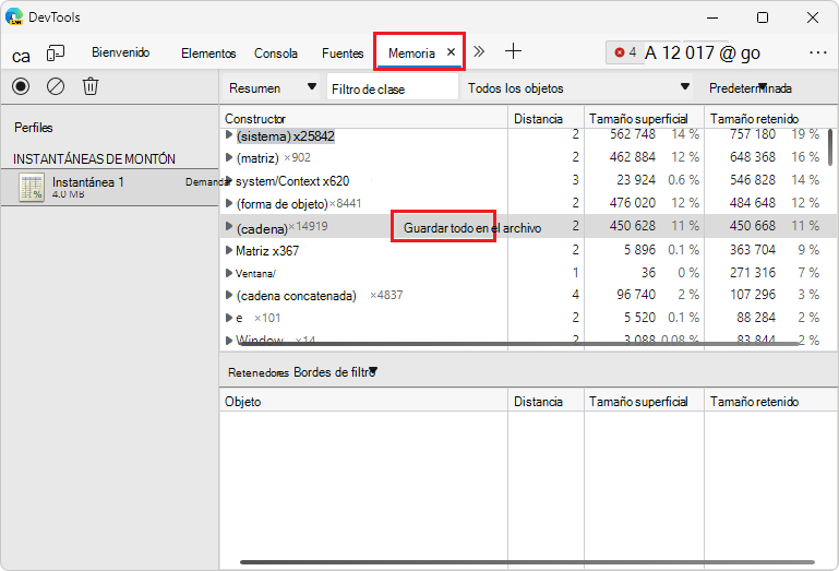 Guardar todas las cadenas de una instantánea de montón en JSON