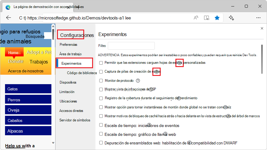 Iconos de ayuda para las casillas de verificación Experimentos de configuración >