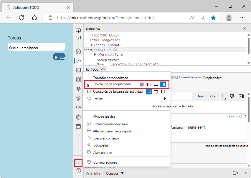 Iconos del menú ubicación de acoplamiento después de