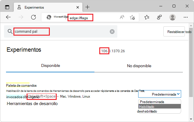 Método abreviado de teclado para la paleta de comandos en la página de marcas de la versión 106