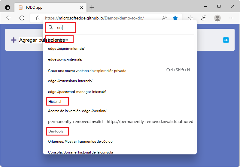 Paleta de comandos de Microsoft Edge