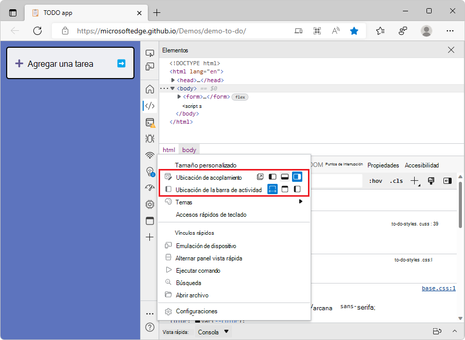 Menú acoplado rediseñado en modo de enfoque