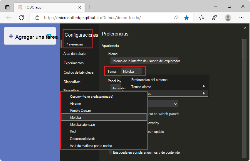 Establecer el tema DevTools en Monokai