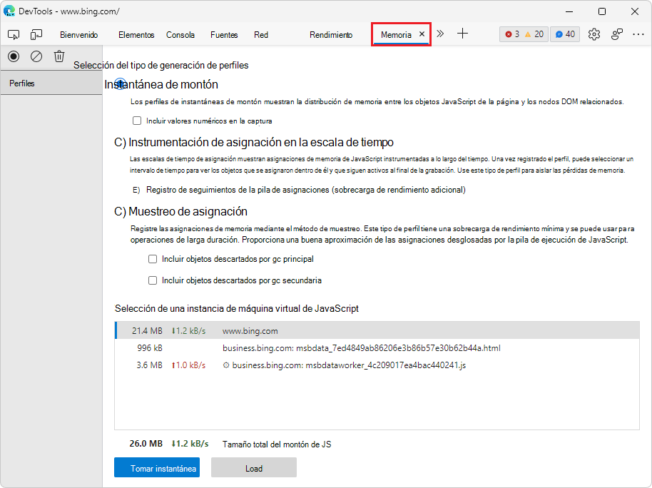 Tomar una instantánea del montón en la herramienta Memoria