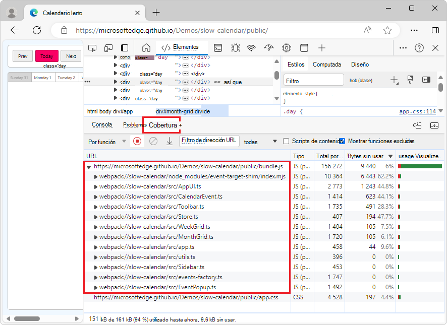 Herramienta de cobertura que muestra información sobre los archivos de origen asignados al origen, así como los archivos generados