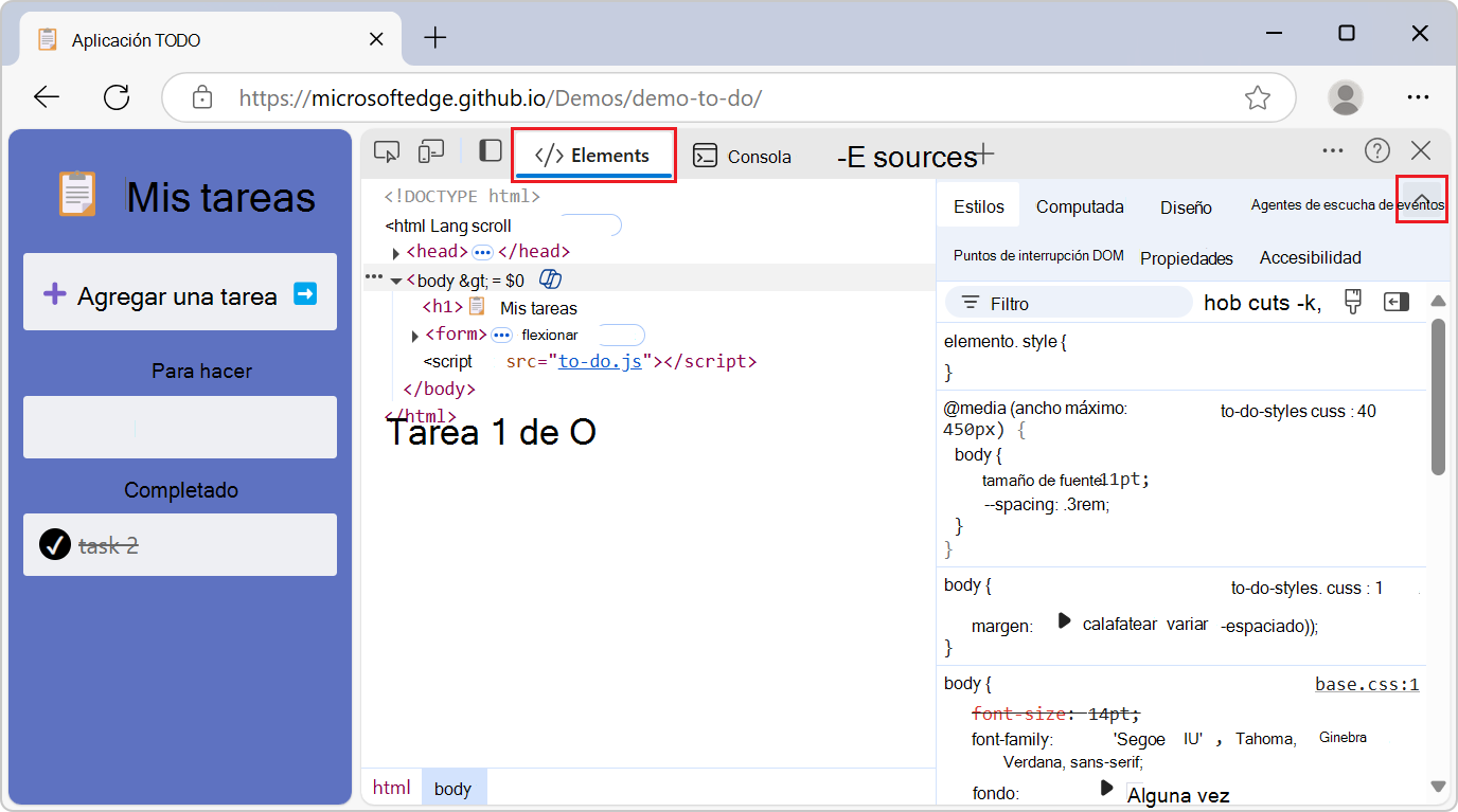 El botón Más pestañas de la herramienta Elementos, con el grupo de pestañas expandido