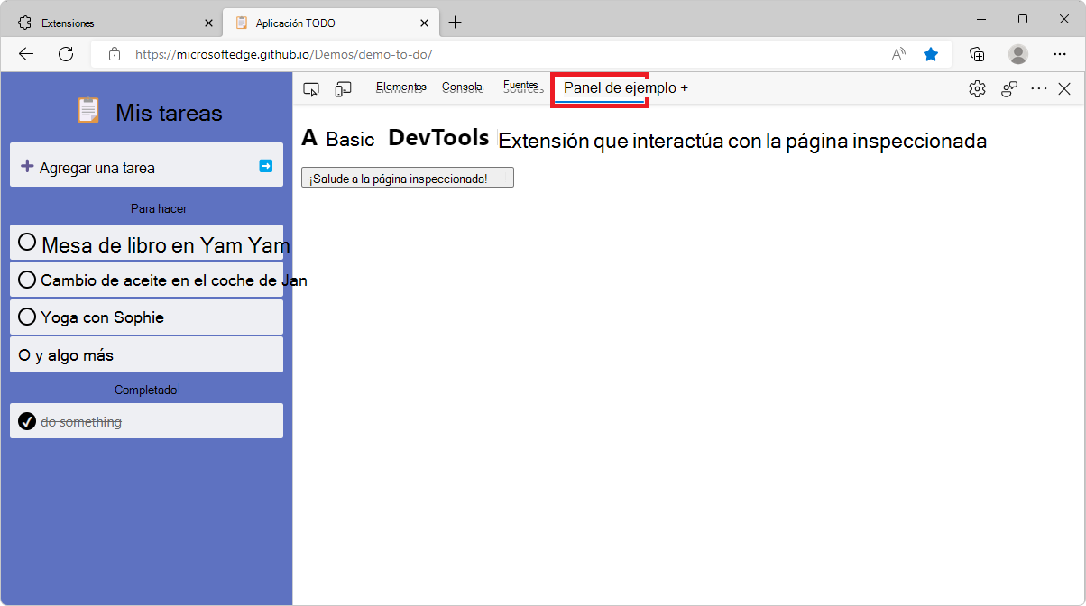 Microsoft Edge, que muestra DevTools en el lado, con el panel de ejemplo de la extensión seleccionado