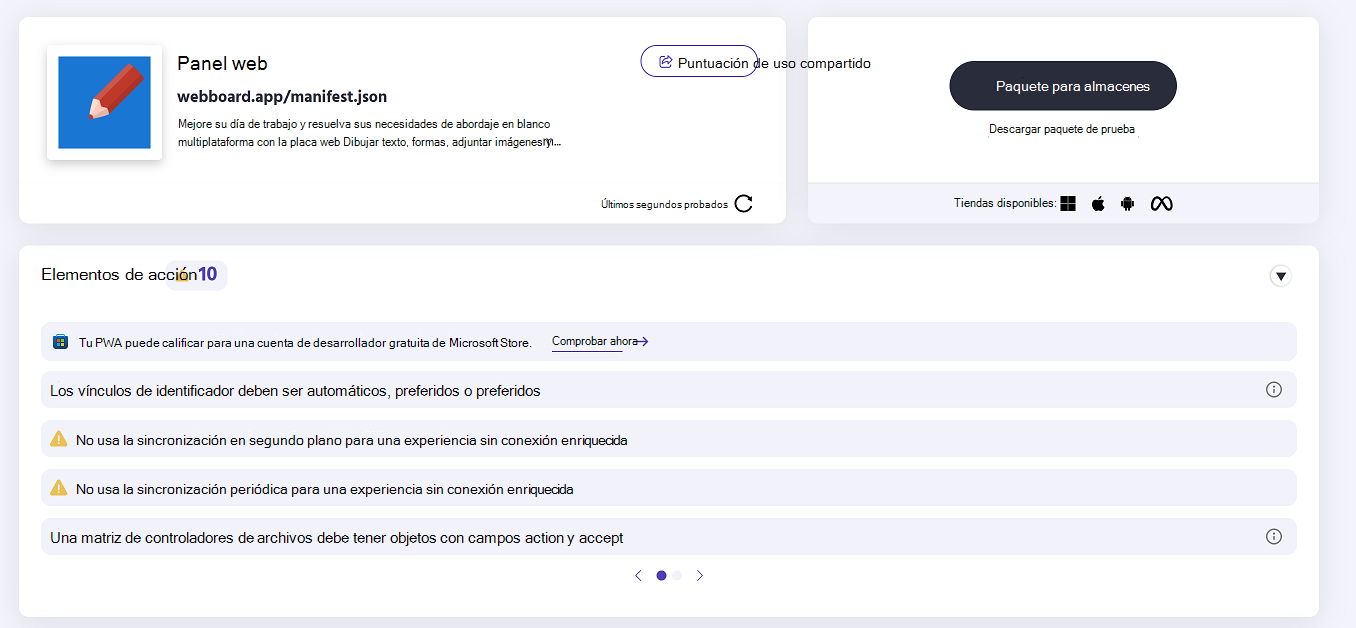 Página de la tarjeta de informe
