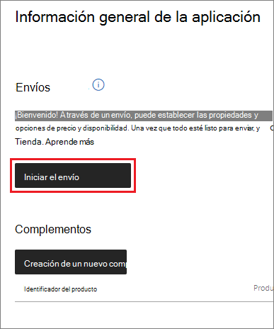 Inicio de un nuevo envío de aplicaciones en el Centro de partners de Microsoft