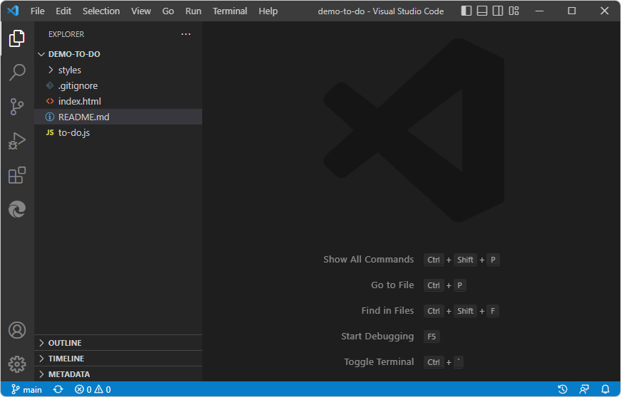 La carpeta de ejemplo demo-to-do abierta en Visual Studio Code