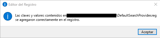 Mensaje de importación correcto del Editor del Registro.