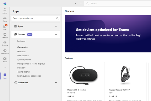 Captura de pantalla de la tienda de dispositivos en la aplicación de Teams.